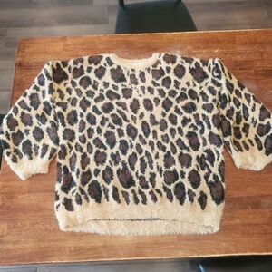 DownEast Cream and Brown Crew Neck Sweater with Animal Print